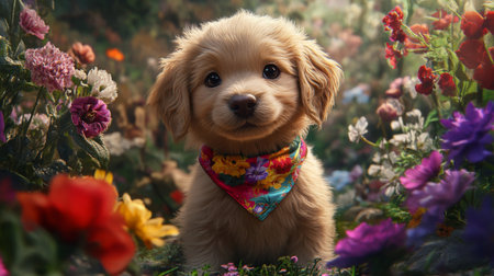 A cute puppy wearing a small, colorful bandana, sitting proudly in a garden surrounded by blooming flowers.の素材