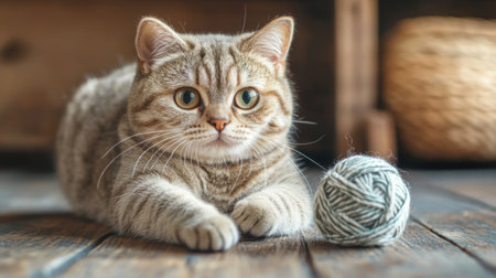 A chubby cat playing with a ball of yarn on a wooden floor, showcasing its playful side in a simple, rustic setting.の素材