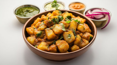 An artistic shot of aloo gobi served in a traditional Indian plate, surrounded by colorful condiments like pickles and chutneys, highlighting the dish's appeal.の素材