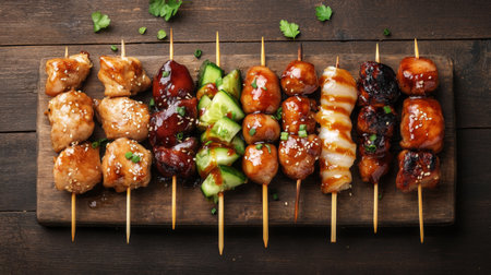 An artistic shot of assorted yakitori skewers, including chicken thighs, liver, and vegetables, displayed on a rustic wooden board with a drizzle of teriyaki sauce.の素材
