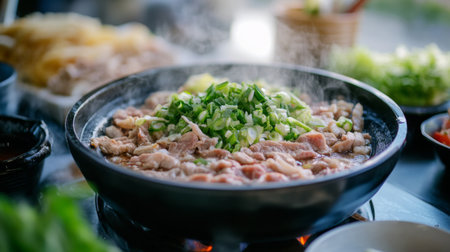 An artistic shot of a traditional sukiyaki setup, featuring a steaming pot on a tabletop with a variety of fresh ingredients neatly arranged around it for cooking.の素材