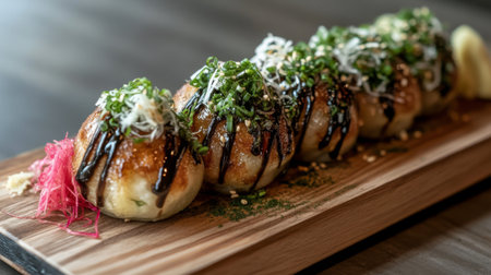An artistic shot of takoyaki served on a wooden platter, garnished with pickled ginger and shiso leaves, highlighting the vibrant colors and textures.の素材