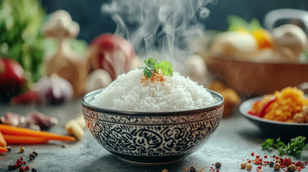 An artistic shot of white rice presented in a polished bowl, with steam gently rising and colorful ingredients surrounding it for a vibrant culinary scene.の素材
