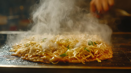An artistic shot of a sizzling okonomiyaki on a griddle, with steam rising and the delicious aroma of ingredients filling the air, capturing the cooking process.の素材