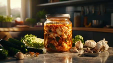 An artistic shot of a jar of kimchi fermenting on a kitchen counter, surrounded by fresh vegetables and spices, highlighting the traditional preparation process.の素材
