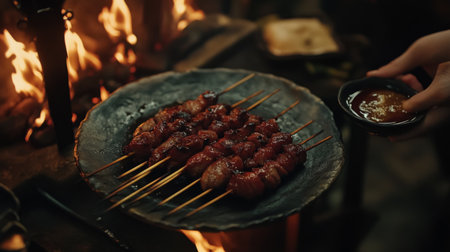 An artistic shot of yakitori being served on a rustic plate, showcasing the smoky char and glistening glaze, with a side of dipping sauce for added flavor.の素材