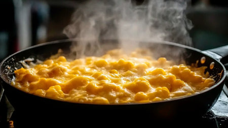 An artistic shot of hot cheese corn sizzling in a pan, with the cheese bubbling and the corn perfectly cooked, emphasizing the cooking process and enticing aroma.の素材