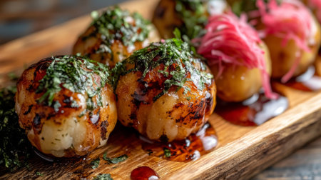 An artistic shot of takoyaki served on a wooden platter, garnished with pickled ginger and shiso leaves, highlighting the vibrant colors and textures.の素材