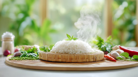 An elegant arrangement of steaming rice on a bamboo mat, surrounded by fresh ingredients and herbs for a colorful and inviting atmosphere.の素材