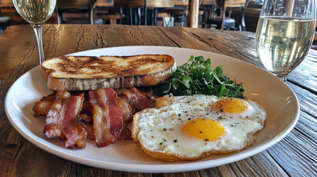 A breakfast plate with crispy bacon, fried eggs, and fresh toast, arranged on a rustic wooden table with natural light.の素材