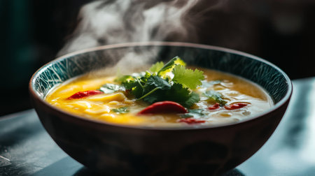 A beautifully arranged serving of tom yum goong in a stylish bowl, with steam rising and garnished with fresh cilantro and red chili for a mouthwatering effect.の素材