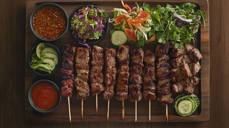 A beautifully arranged barbecue platter featuring assorted skewers of meat, served with fresh salads and dipping sauces on a rustic wooden table.の素材