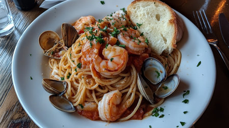 A beautifully presented plate of seafood pasta with clams, shrimp, and a light tomato sauce, garnished with fresh parsley and served with a side of garlic bread.の素材