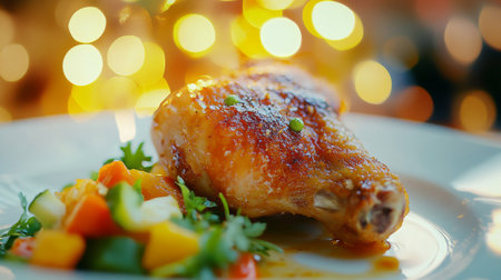 A close-up of a fried chicken leg with a perfectly crisp, golden-brown exterior, placed on a white plate with a side of fresh vegetables for contrast.の素材