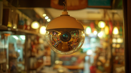 A close-up of a dome-shaped CCTV camera installed in a retail store, with reflections of products visible on the camera lens, emphasizing security in shopping environments.の素材