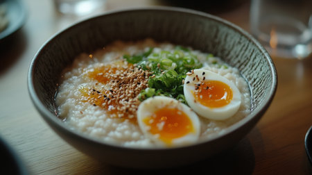 A close-up of a comforting bowl of rice porridge with soft-boiled egg, garnished with sesame seeds and scallions, emphasizing its creamy texture and flavor.の素材