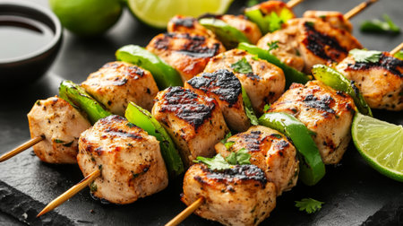 A close-up of a grilled yakitori skewer with tender chicken pieces and green peppers, beautifully presented with a side of soy sauce and garnished with lime wedges.の素材