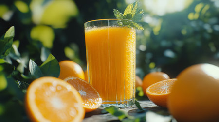 A close-up of a glass of freshly squeezed orange juice, glistening in the sunlight, surrounded by halved oranges and a sprig of mint for a refreshing look.の素材