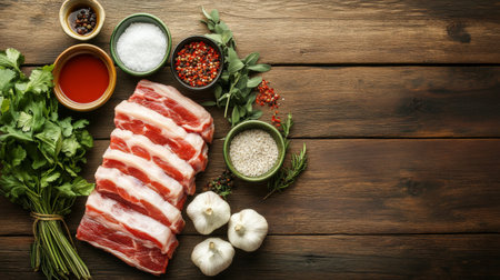 An artistic arrangement of the ingredients for crispy pork belly, including fresh herbs, fish sauce, and spices, beautifully displayed on a rustic wooden table.の素材