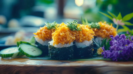 Close-up of vibrant uni sea urchin carefully placed on a wooden sushi board, surrounded by garnishes of shiso leaves and freshly sliced cucumber.の素材