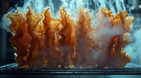 Bacon strips cooling on a wire rack after frying, with steam rising and the marbled fat glistening under the light.の素材