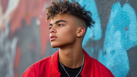 A young man with a trendy undercut hairstyle standing against an urban backdrop, showcasing confidence and contemporary fashion.の素材