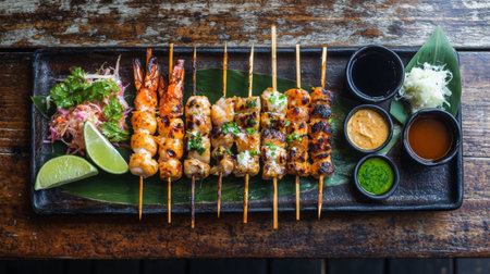 Beautifully arranged grilled prawns on a rustic wooden plate, with lime wedges and dipping sauce on the side, all set on a weathered wooden table.の素材
