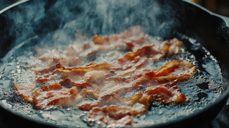 Close-up of sizzling bacon cooking in a cast iron skillet, with the grease bubbling and the edges turning crispy and brown.の素材