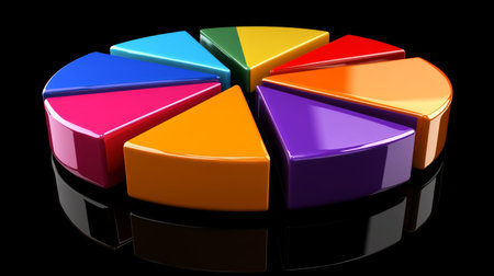A vibrant D pie chart showcasing financial data, with glossy slices in various colors, set against a sleek black background, emphasizing data representation.の素材