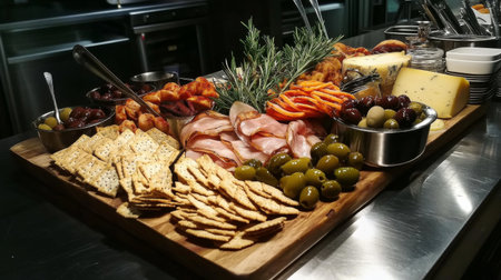 A beautifully arranged charcuterie board featuring crispy pork alongside cheeses, olives, and crackers, inviting guests to indulge in a gourmet experience.の素材