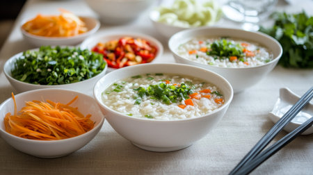 A beautifully arranged table setting featuring bowls of hot rice soup, colorful side dishes, and chopsticks, inviting family and friends to share a meal.の素材