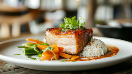 A beautifully plated dish of crispy pork belly served with a side of steamed vegetables and fragrant rice, garnished with fresh herbs for an inviting presentation.の素材