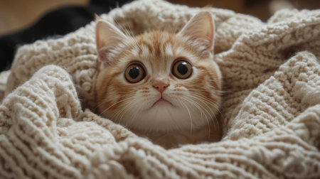 A chubby kitten sitting in a basket filled with soft blankets, looking up with big, curious eyes and a playful expression.の素材