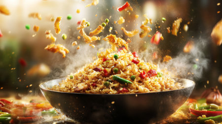 A chef skillfully tossing curried fried rice in a hot wok, with colorful ingredients flying and aromatic spices filling the air, showcasing the cooking process.の素材
