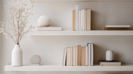 A close-up of a beautifully arranged minimalist shelf displaying a few select books and decor items, showcasing the beauty of simplicity and intentionality.の素材
