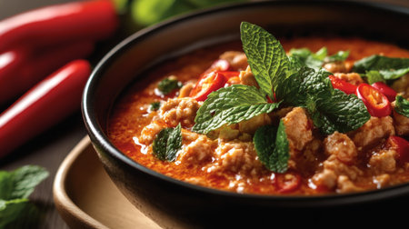A close-up of a bowl of  made with minced chicken, beautifully plated with fresh mint leaves and sliced chilies, highlighting the colorful ingredients that make this dish so appealing.の素材
