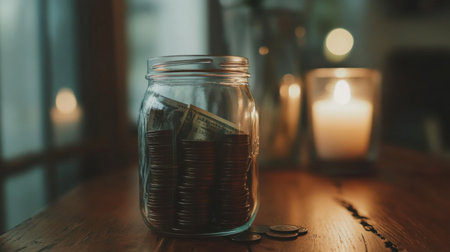 A close-up of a glass jar filled with coins and dollar bills on a wooden table, symbolizing the concept of saving money and setting financial goals for the future.の素材