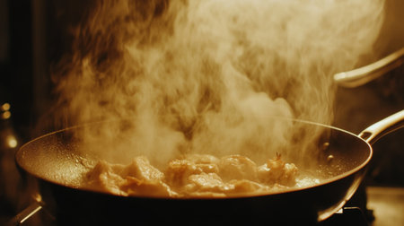 A close-up of a chef expertly flipping  in a hot skillet, with steam rising and the rich aroma filling the air, showcasing the art of preparing this beloved dish.の素材