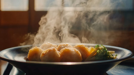 A close-up of a steaming plate of takoyaki served with pickled ginger and wasabi on the side, inviting diners to indulge in this savory treat.の素材