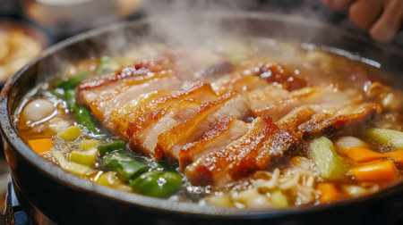 A close-up of crispy pork belly being served in a hot pot, surrounded by bubbling broth and colorful vegetables, highlighting a cozy dining experience.の素材