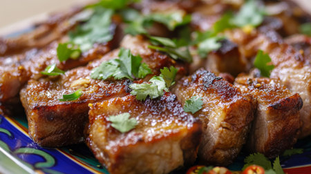 A close-up of a crispy pork dish garnished with fresh herbs and chili slices, served on a colorful plate, capturing the flavors of traditional cuisine.の素材