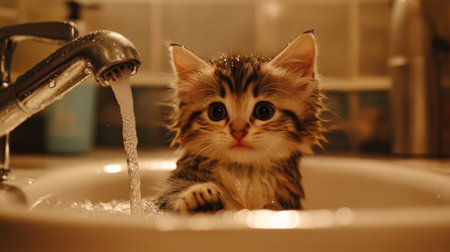 A cute, drenched kitten sitting in a sink with a gentle stream of water flowing, its tiny paws resting on the edge.の素材