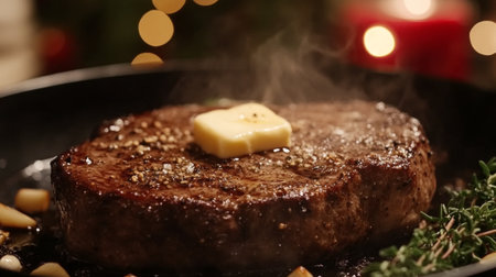 A close-up of a steak sizzling in a pan with butter, garlic, and thyme, creating a rich, golden-brown crust on the meat.の素材