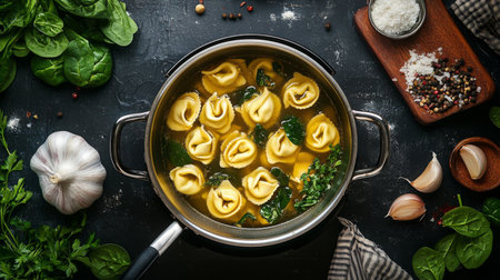 A cozy kitchen scene with a pot of tortellini simmering in broth, surrounded by fresh ingredients like garlic, spinach, and herbs, showcasing a comforting home-cooked meal.の素材