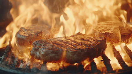A close-up shot of marbled beef steaks sizzling on a hot grill, with flames licking the sides, capturing the essence of a summer barbecue.の素材