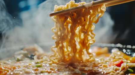 A close-up of instant noodles being pulled apart with chopsticks, revealing the rich broth and colorful ingredients mixed throughout.の素材