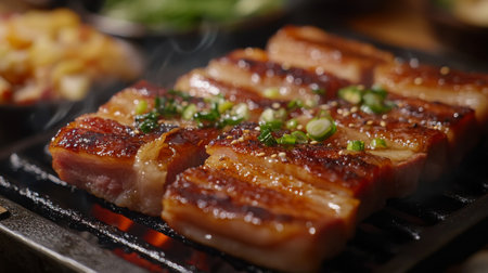 A close-up of succulent pork belly sizzling on a grill, with crispy skin and juicy meat, surrounded by colorful ingredients ready for a flavorful barbecue.の素材