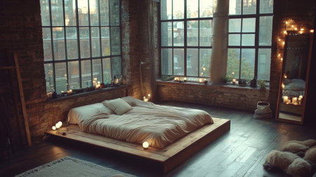 A cozy loft bedroom with a minimalist design, featuring a platform bed, soft bedding, and warm lighting, set against a backdrop of reclaimed wood and large windows.の素材