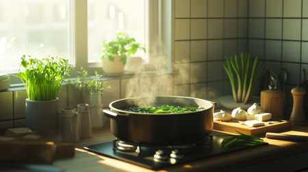 A cozy kitchen scene with a pot of seaweed soup simmering on the stove, surrounded by fresh ingredients like garlic, tofu, and scallions, ready for a delicious meal.の素材