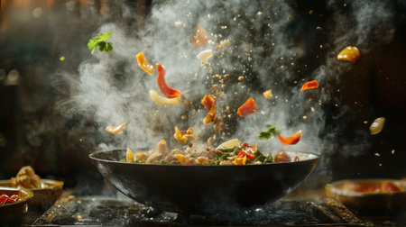 A close-up of a chef expertly tossing  in a sizzling wok, with steam rising and fresh ingredients flying through the air, showcasing the art of traditional Thai cooking.の素材